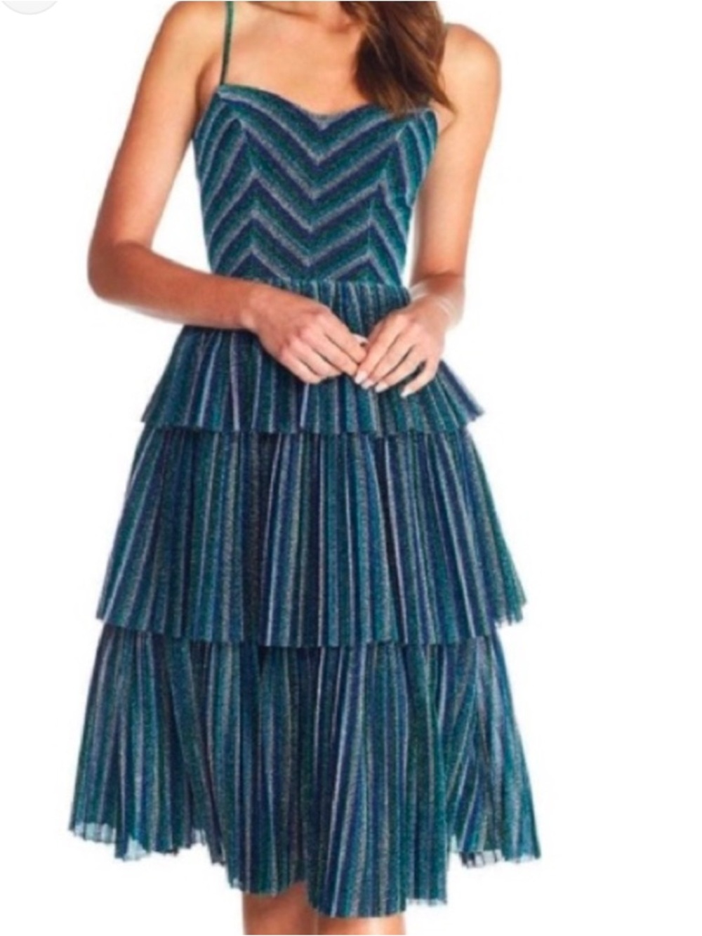 NWT Dress the Population Blue Green Kathy Metallic Stripe Dress
